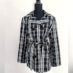 Double breast black and white checkered plaid belted trench jacket